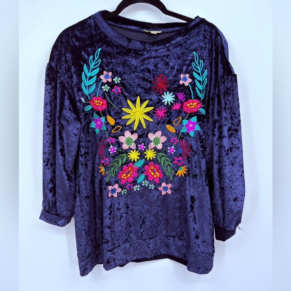 Kori America Embroidered Velvet Floral Top Size M Boho Statement Blouse